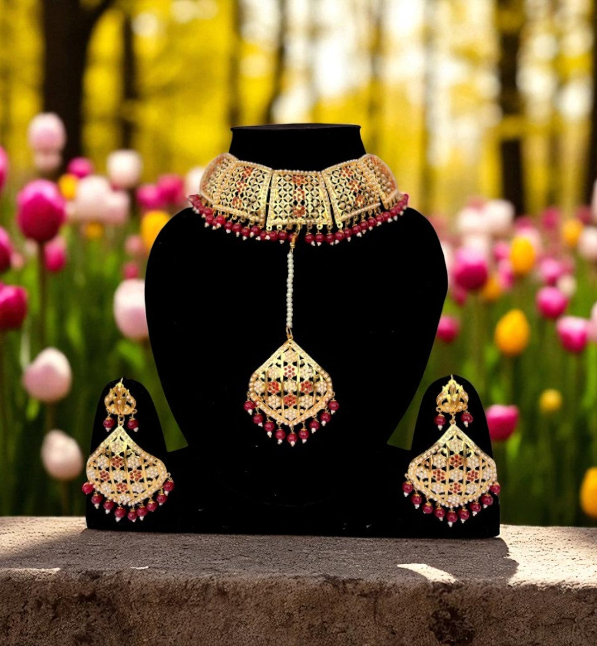 The Ravishing Maroon Jadau Choker Jewelry Set